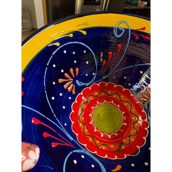 Hand-Painted Ceramic Bowl From Spain With Vibrant Blue Orange & Yellow Patterns - Picture 10 of 16